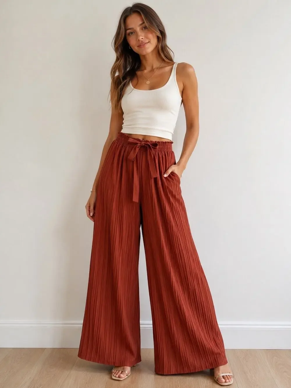 Soho Apparel Burnt Orange Pleated Wide Leg Pants Medium